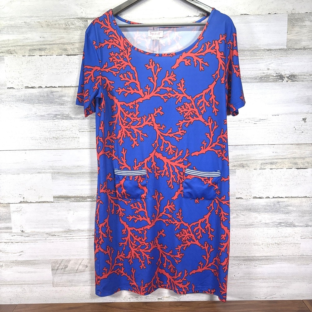Top‎ It Off  Blue Red Stretch Short Slv Front Pockets Knee Length Sheath Dress L